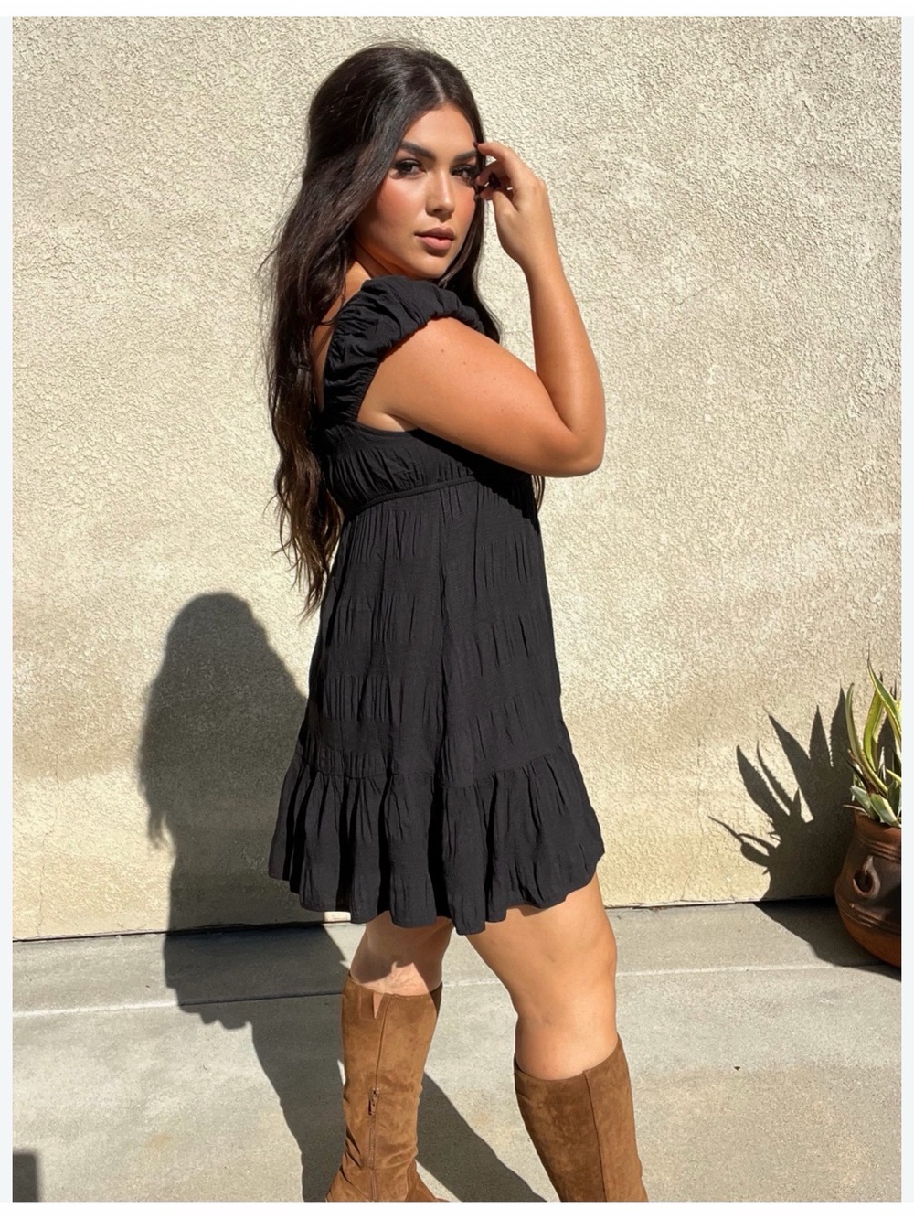 Max Studio Black Puff-Sleeve Tiered Mini Dress